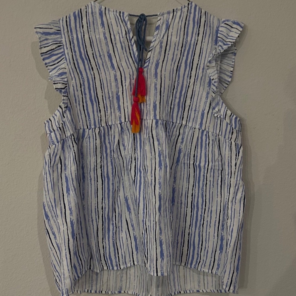 THML Small Embroidered Babydoll Top Blue Stripe Flutter Sleeve Boho Peasant - Picture 6 of 11